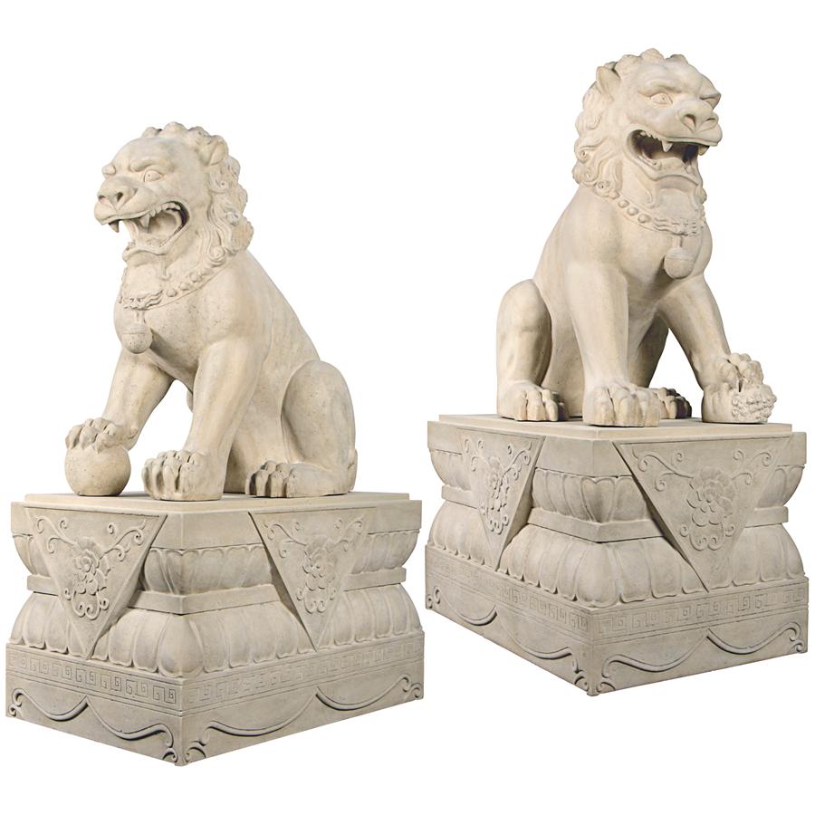 Grand Palace Chinese Lion Foo Dog Statues: Set of Male & Female with Bases