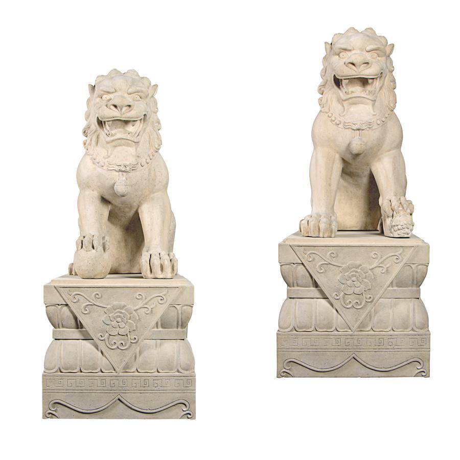 Grand Palace Chinese Lion Foo Dog Statues: Set of Male & Female with Bases