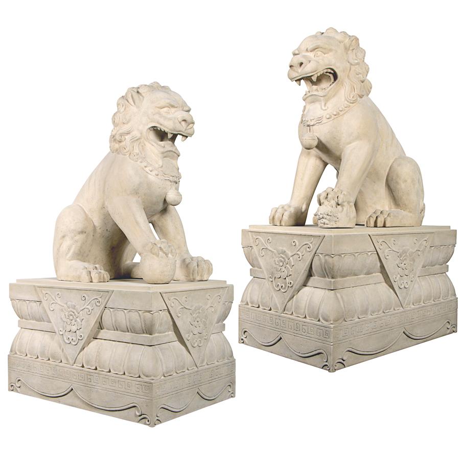 Grand Palace Chinese Lion Foo Dog Statues: Set of Male & Female with Bases