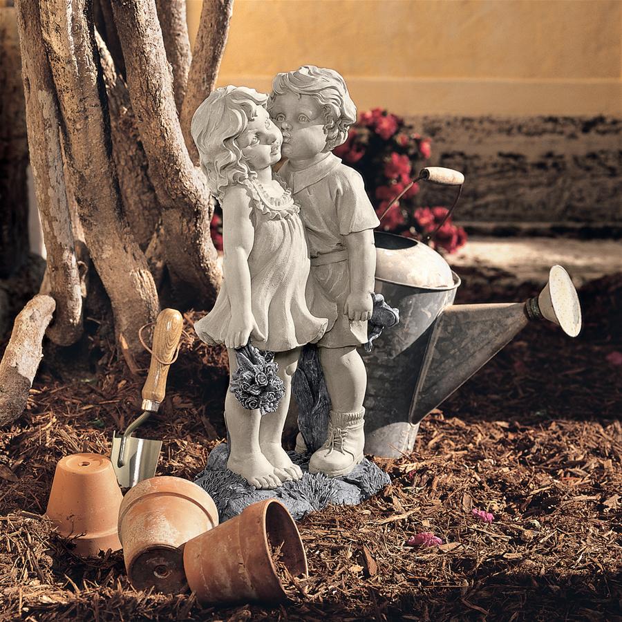 Young Sweethearts: Kissing Children Garden Statue