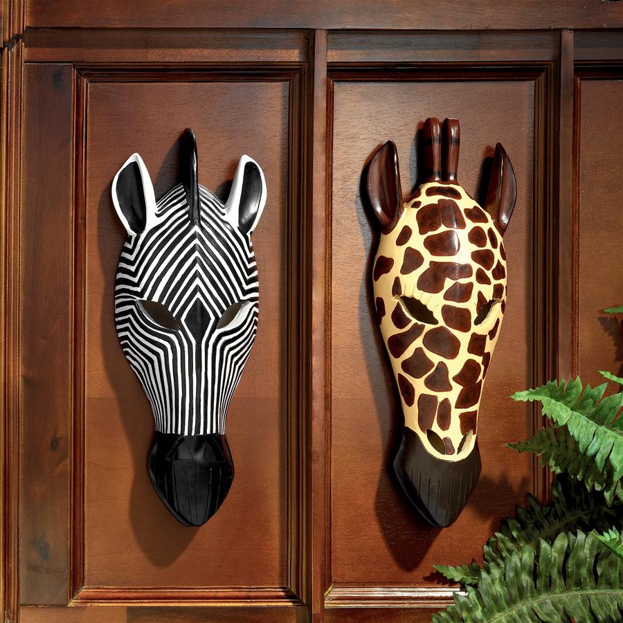 Tribal-Style Animal Mask Wall Sculptures: Set of Two