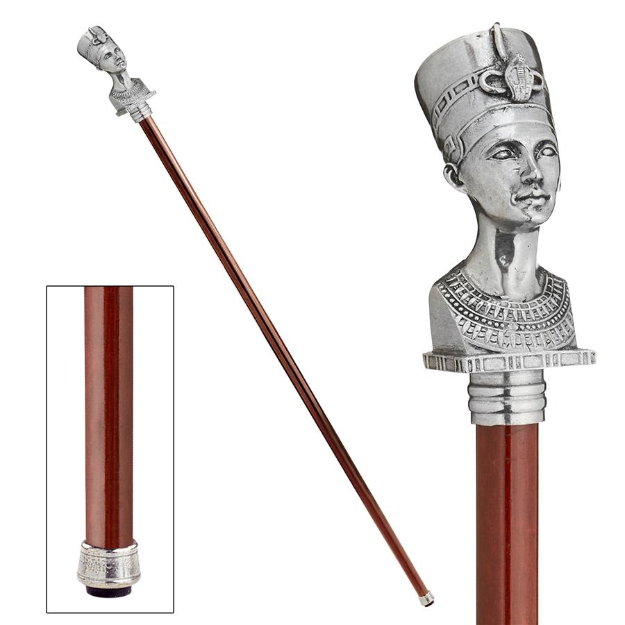 The Padrone Collection: Bust of Egyptian Queen Nefertiti Pewter Walking Stick