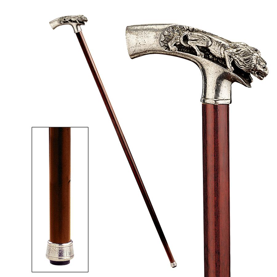 The Padrone Collection: Lion on Mountain Pewter Walking Stick