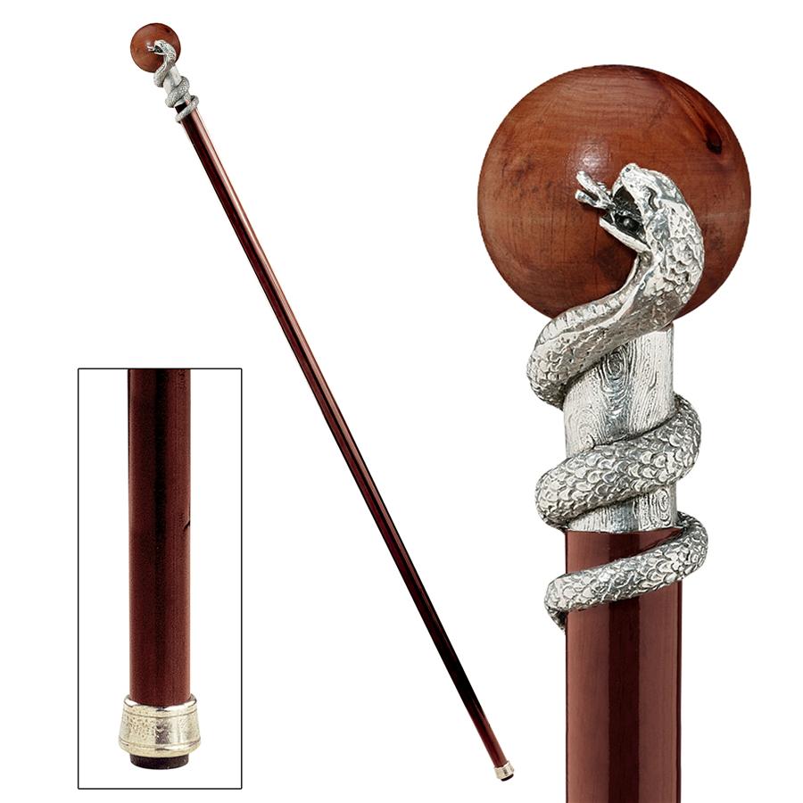 The Padrone Collection: Snake with Globe Pewter Walking Stick