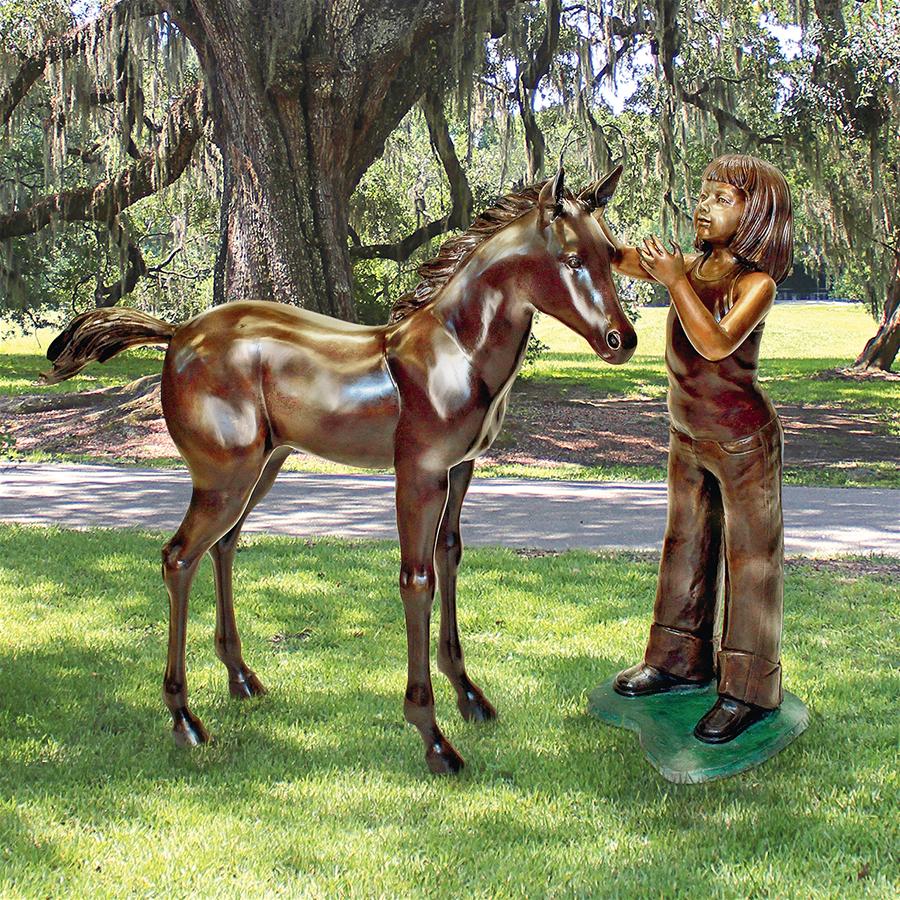 Preening Equestrian Girl and Horse Cast Bronze Garden Statue Set