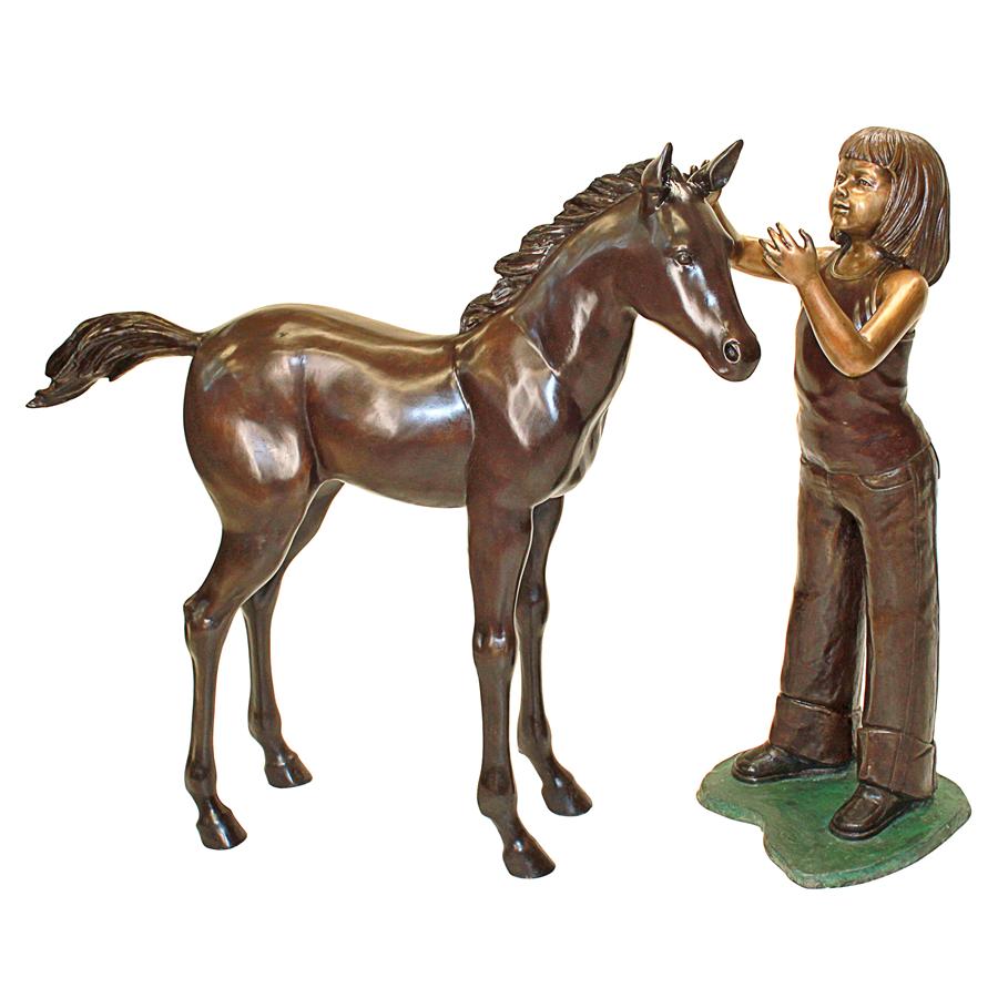 Preening Equestrian Girl and Horse Cast Bronze Garden Statue Set