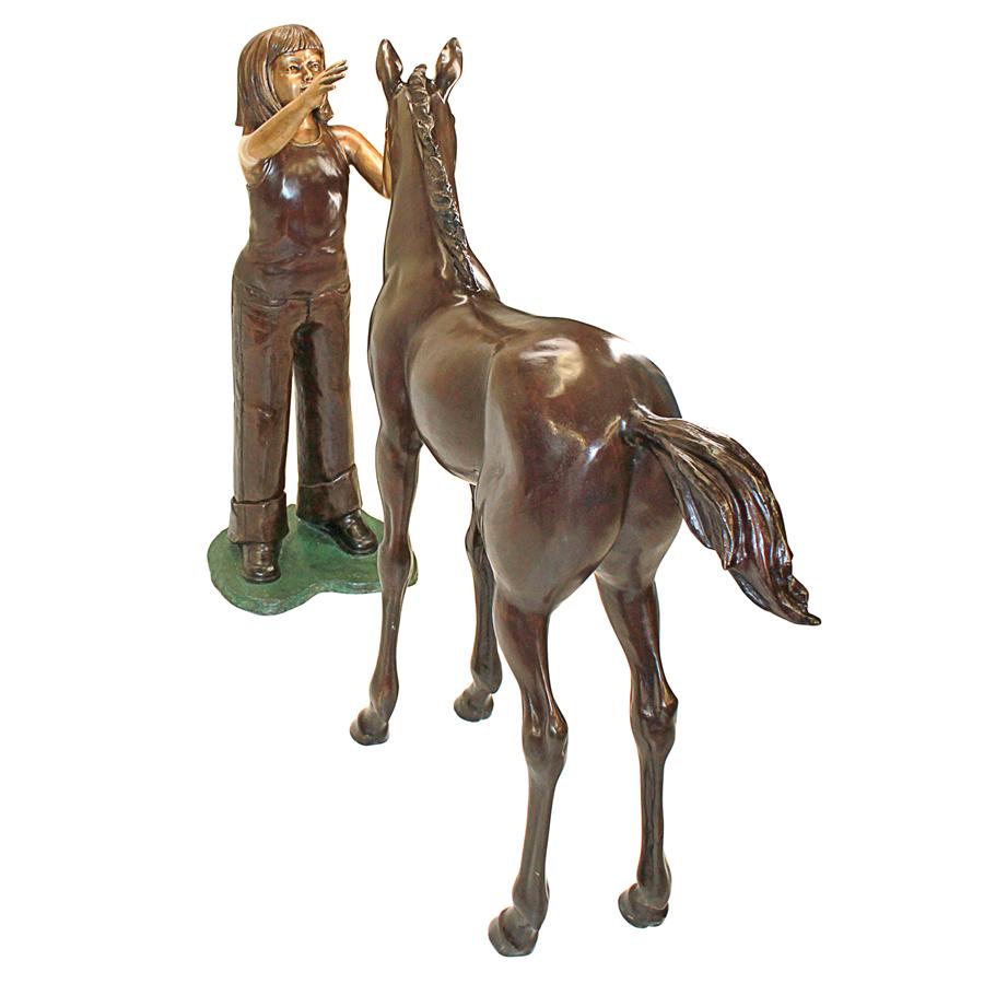 Preening Equestrian Girl and Horse Cast Bronze Garden Statue Set