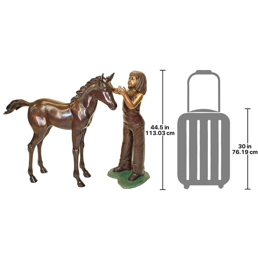 Preening Equestrian Girl and Horse Cast Bronze Garden Statue Set