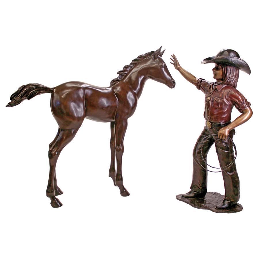 Rodeo Dreams: Cowgirl with Horse Cast Bronze Garden Statue Set