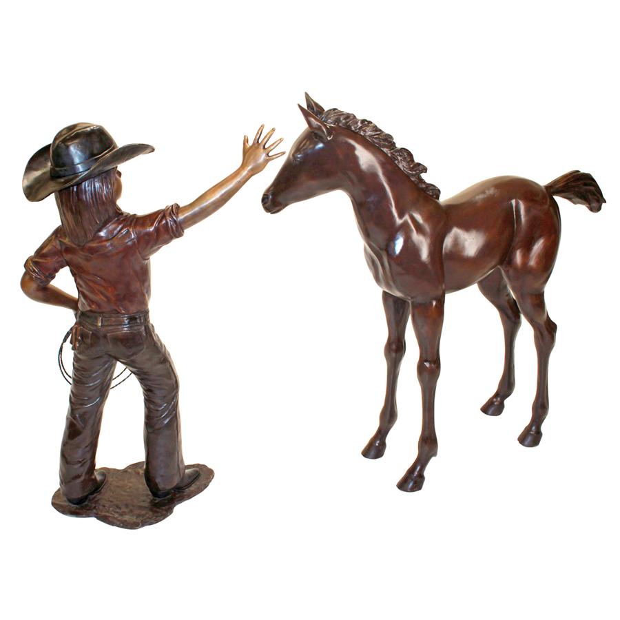 Rodeo Dreams: Cowgirl with Horse Cast Bronze Garden Statue Set