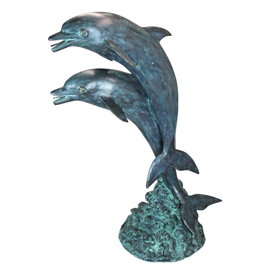 Twin Dolphins in Tandem Bronze Garden Statue