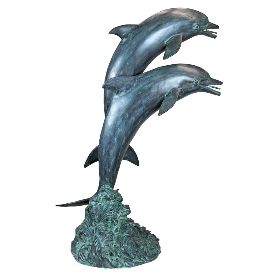 Twin Dolphins in Tandem Bronze Garden Statue