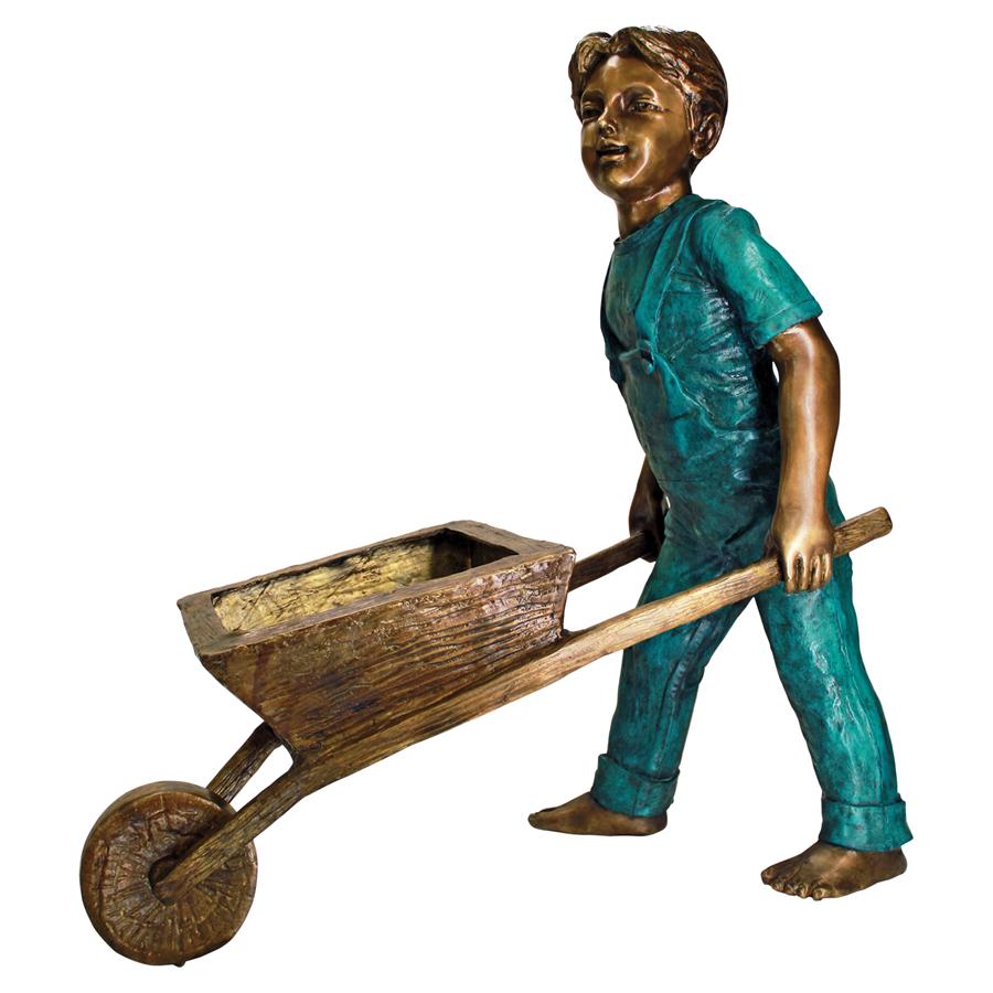Wheelbarrow Willie, Garden Boy Cast Bronze Garden Statue