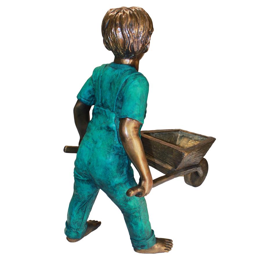 Wheelbarrow Willie, Garden Boy Cast Bronze Garden Statue