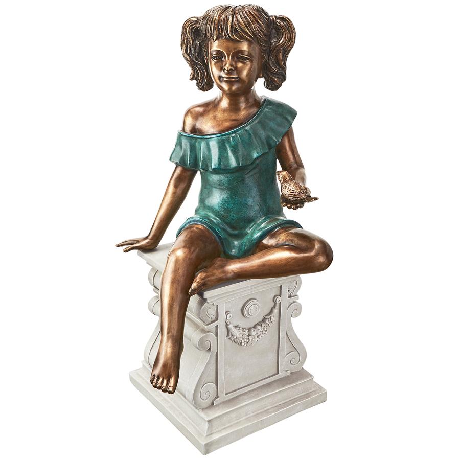 Bridgette with Bird, Little Girl Cast Bronze Garden Statue