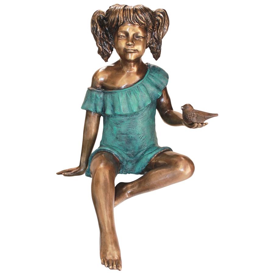 Bridgette with Bird, Little Girl Cast Bronze Garden Statue