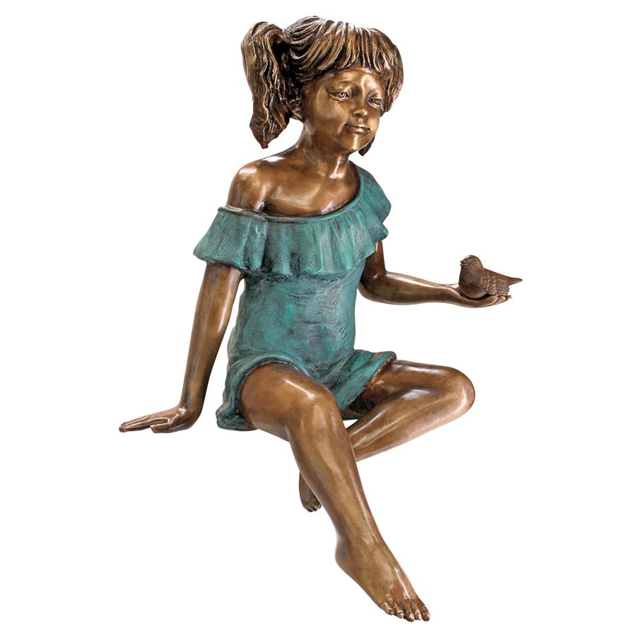 Bridgette with Bird, Little Girl Cast Bronze Garden Statue