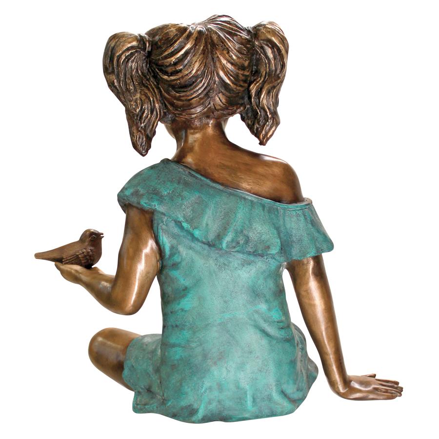 Bridgette with Bird, Little Girl Cast Bronze Garden Statue