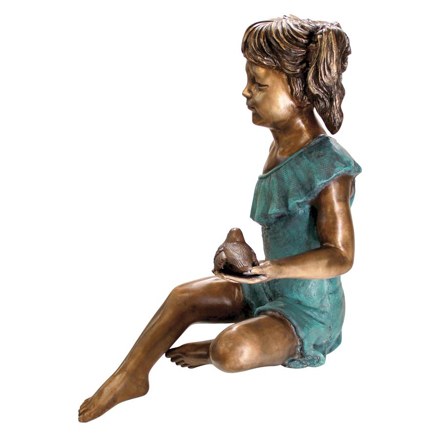 Bridgette with Bird, Little Girl Cast Bronze Garden Statue