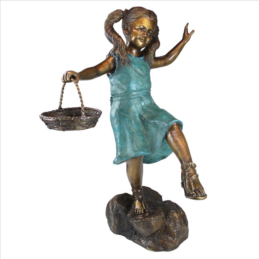 Brittany with a Basket, Little Girl Cast Bronze Garden Statue