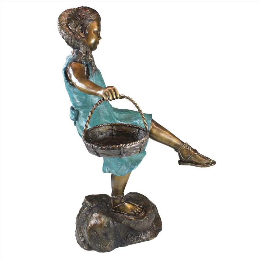 Brittany with a Basket, Little Girl Cast Bronze Garden Statue