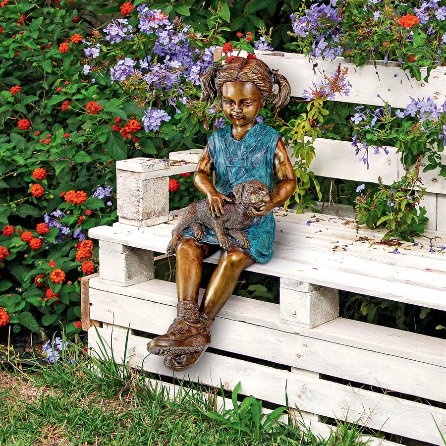 Sitting Savannah, Girl with Dog Cast Bronze Garden Statue