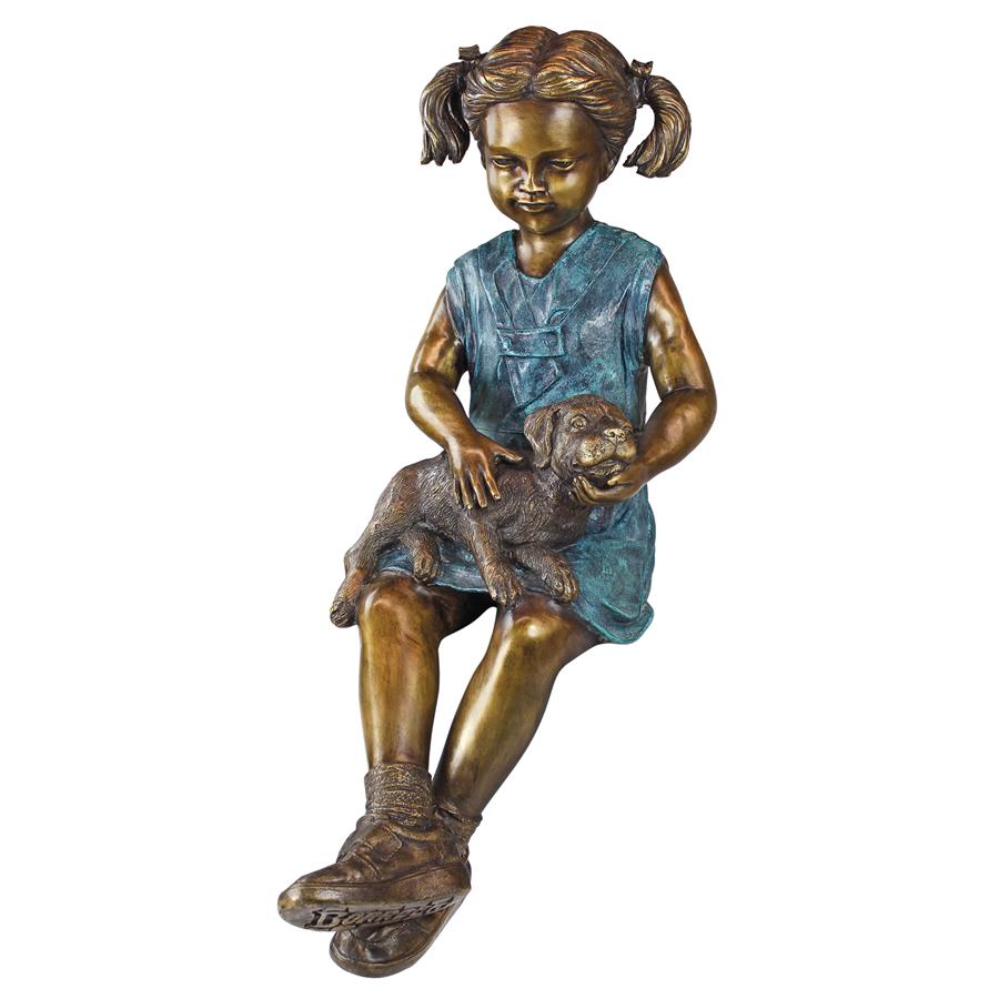 Sitting Savannah, Girl with Dog Cast Bronze Garden Statue
