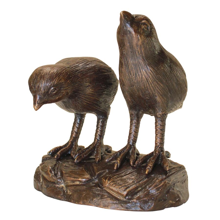 California Quail Solid Cast Bronze Garden Statue: Twin Baby