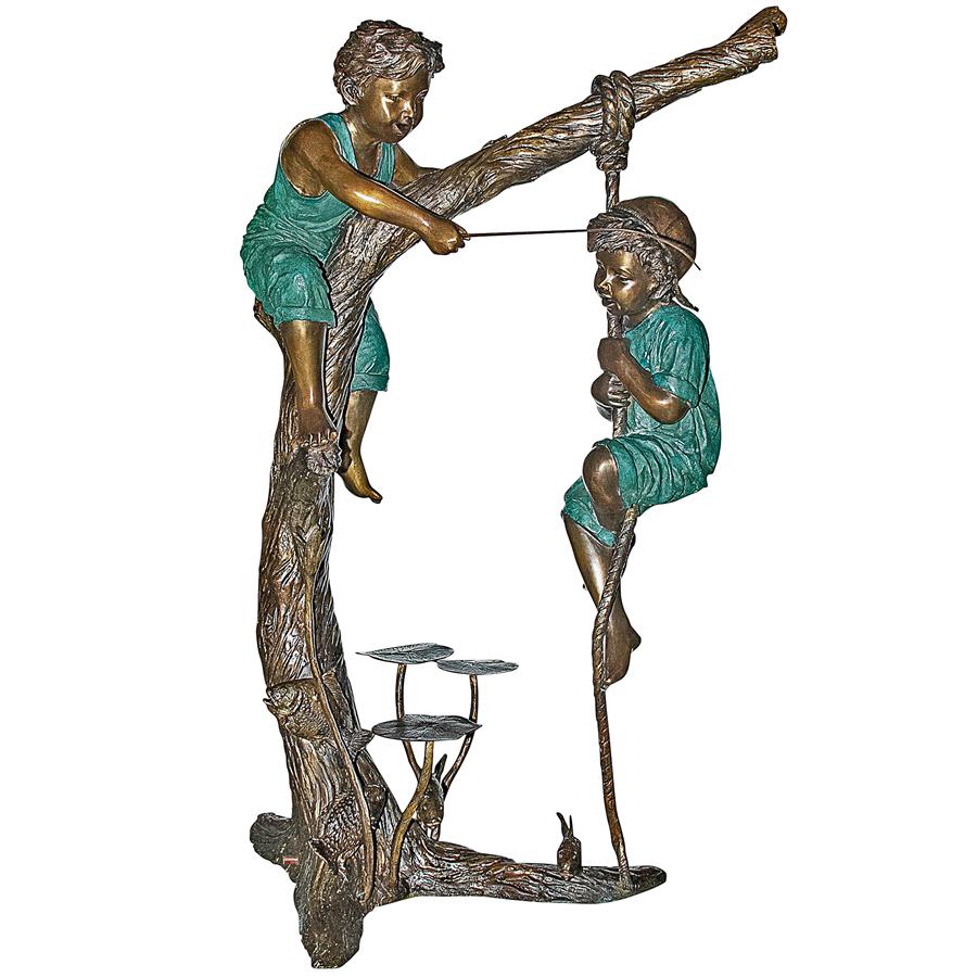 Frolicking Fisherman Two Boys on a Tree Cast Bronze Garden Statue