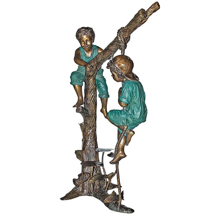 Frolicking Fisherman Two Boys on a Tree Cast Bronze Garden Statue