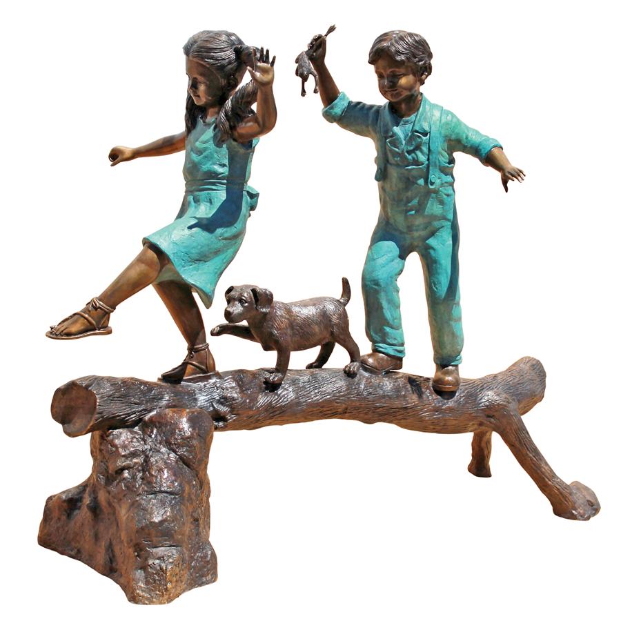 The Adventure, Boy and Girl on Log Cast Bronze Garden Statue