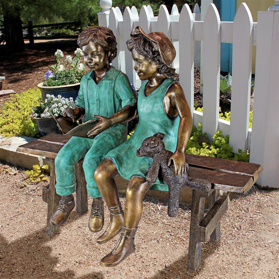 Read to Me, Boy and Girl on Bench Cast Bronze Garden Statue