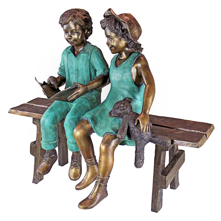 Read to Me, Boy and Girl on Bench Cast Bronze Garden Statue