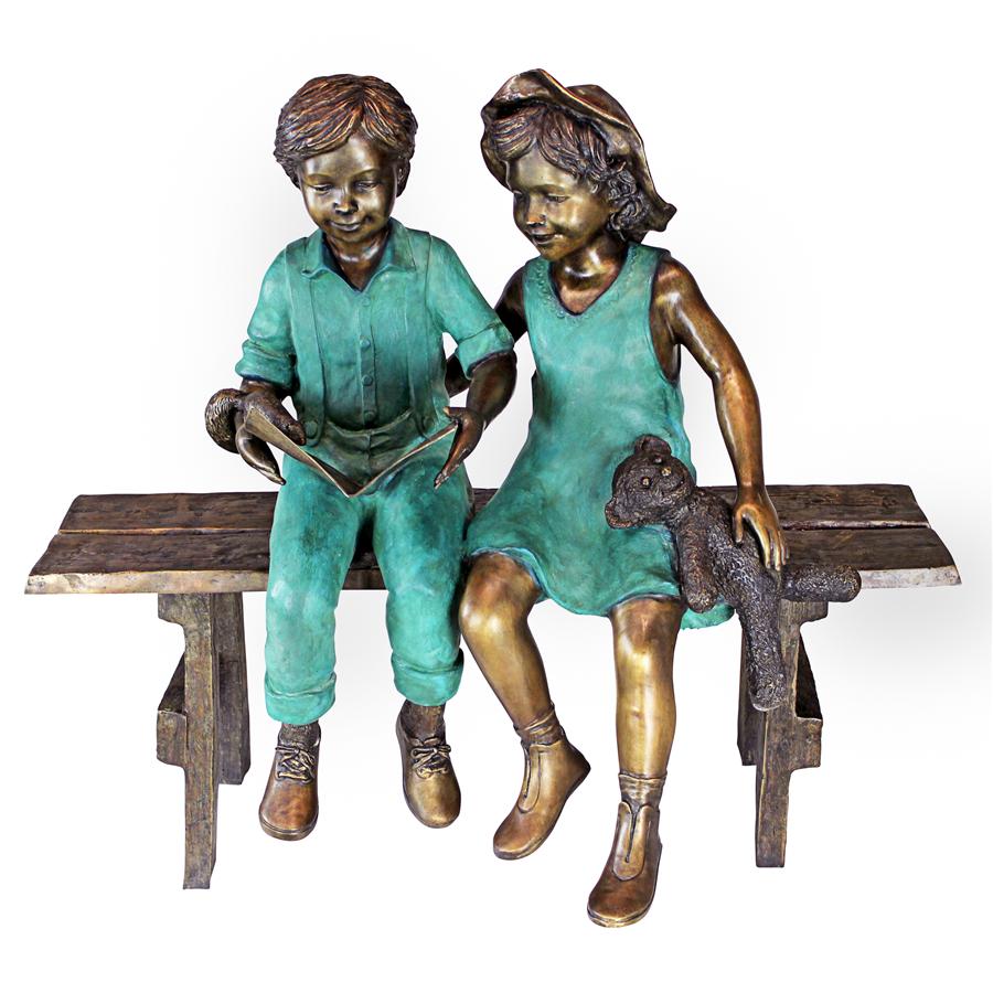 Read to Me, Boy and Girl on Bench Cast Bronze Garden Statue