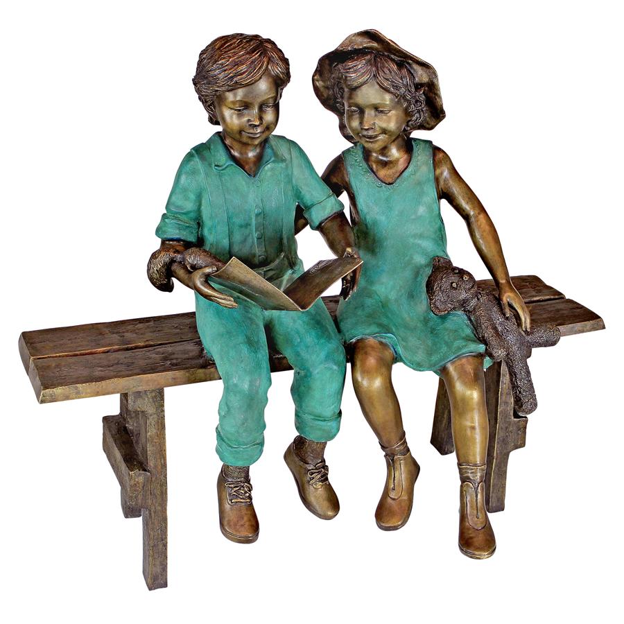 Read to Me, Boy and Girl on Bench Cast Bronze Garden Statue