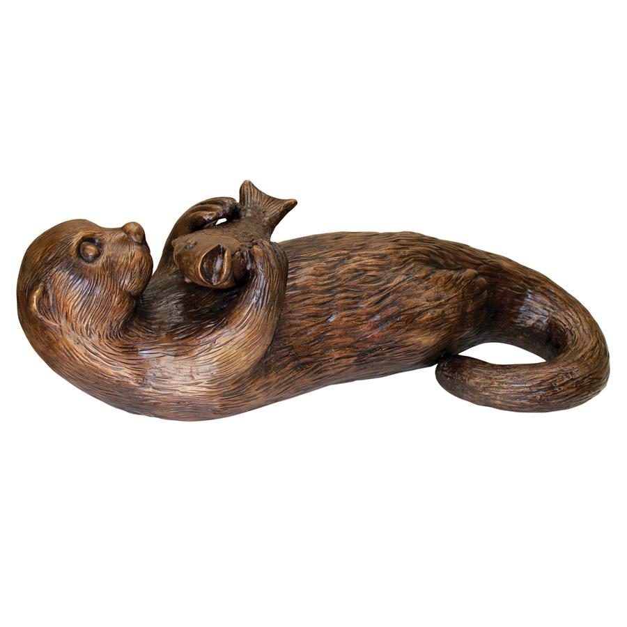 Lazy Otter with Fish Cast Bronze Garden Statue