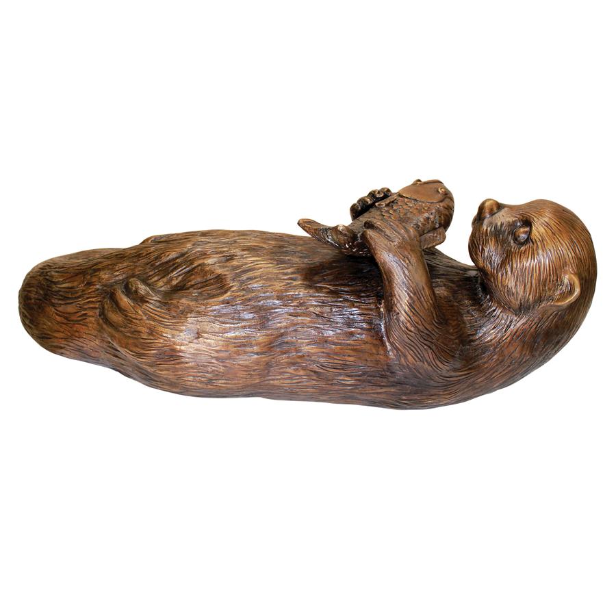 Lazy Otter with Fish Cast Bronze Garden Statue
