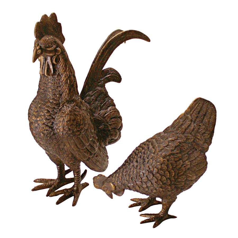 Barnyard Rooster and Hen Cast Bronze Garden Statues: Set of Two