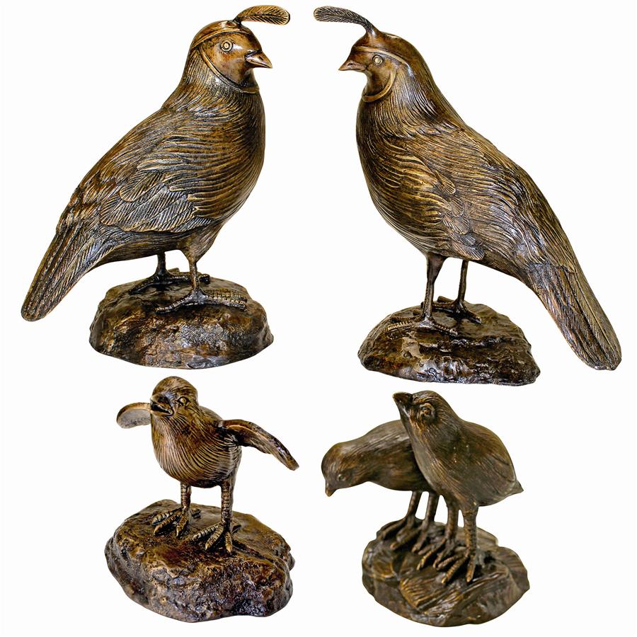 California Quail Solid Cast Bronze Garden Statues: Set of Four