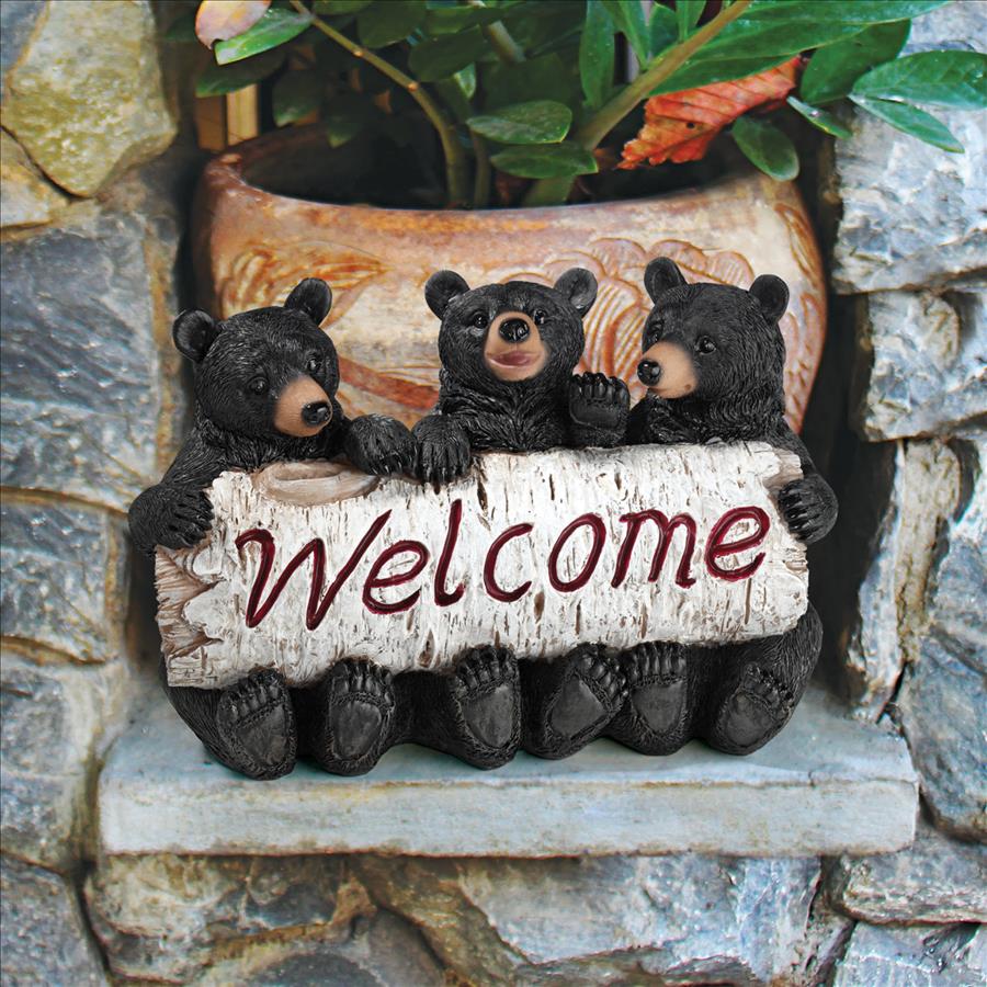 Black Bear Cubs Welcome Sign Statue