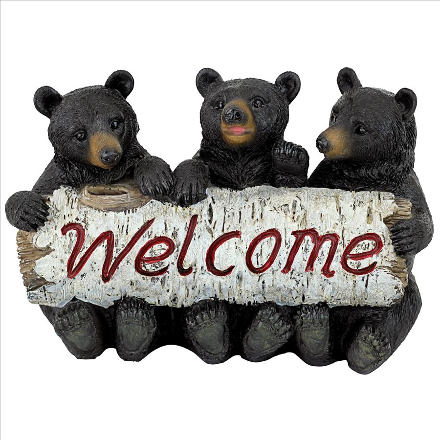 Black Bear Cubs Welcome Sign Statue