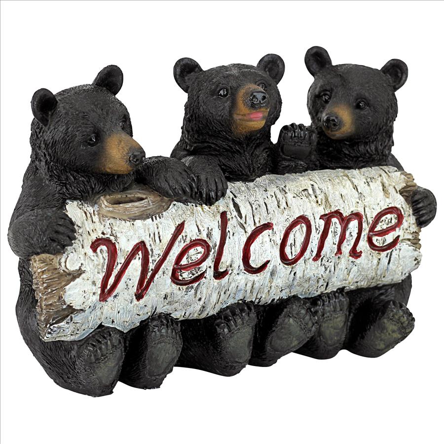 Black Bear Cubs Welcome Sign Statue