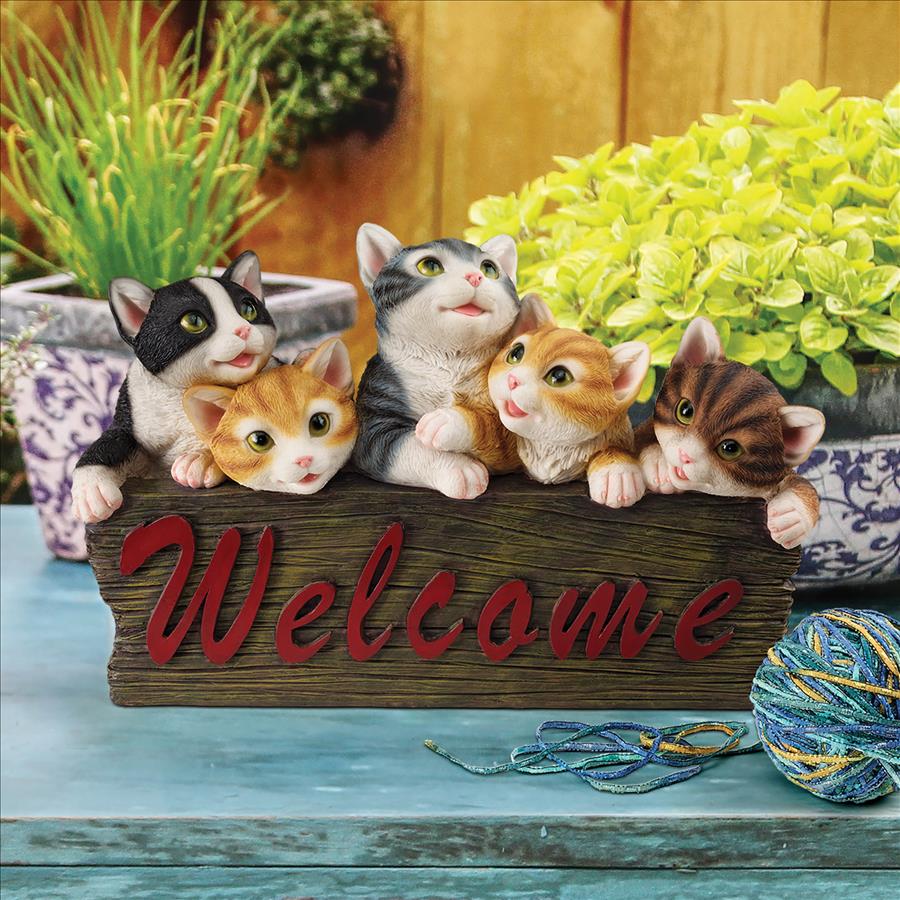 Kitten Kaboodle Cat Welcome Sign Statue