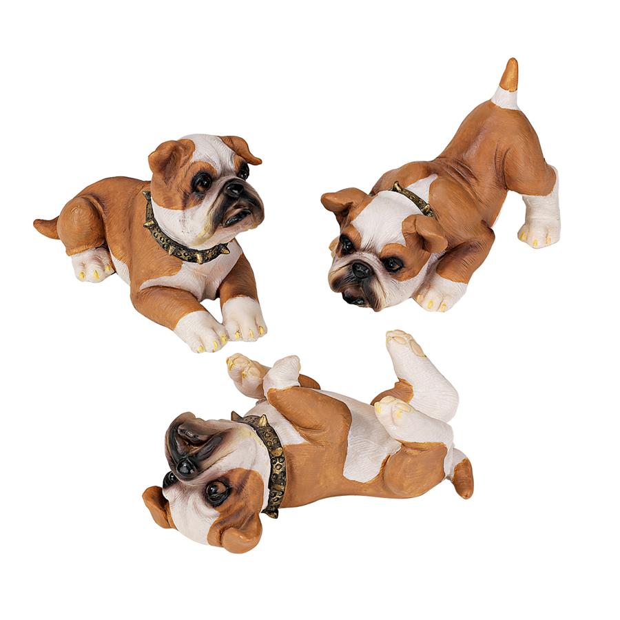 Stop, Drop and Roll British Bulldog Puppy Statues: Set of Three