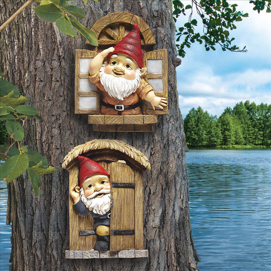 The Knothole Gnomes Garden Welcome Tree Sculpture: Window & Door Gnomes