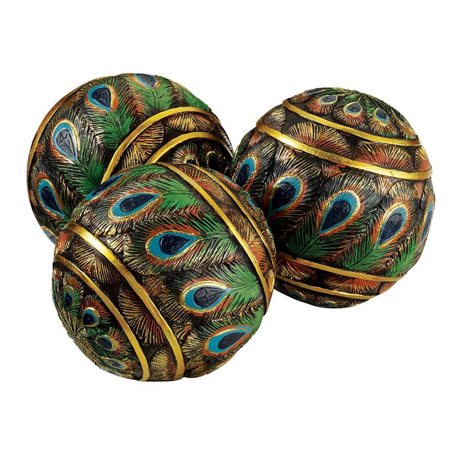 Peacock-Feathered Orbs Decorative Accent Balls: Set of Three