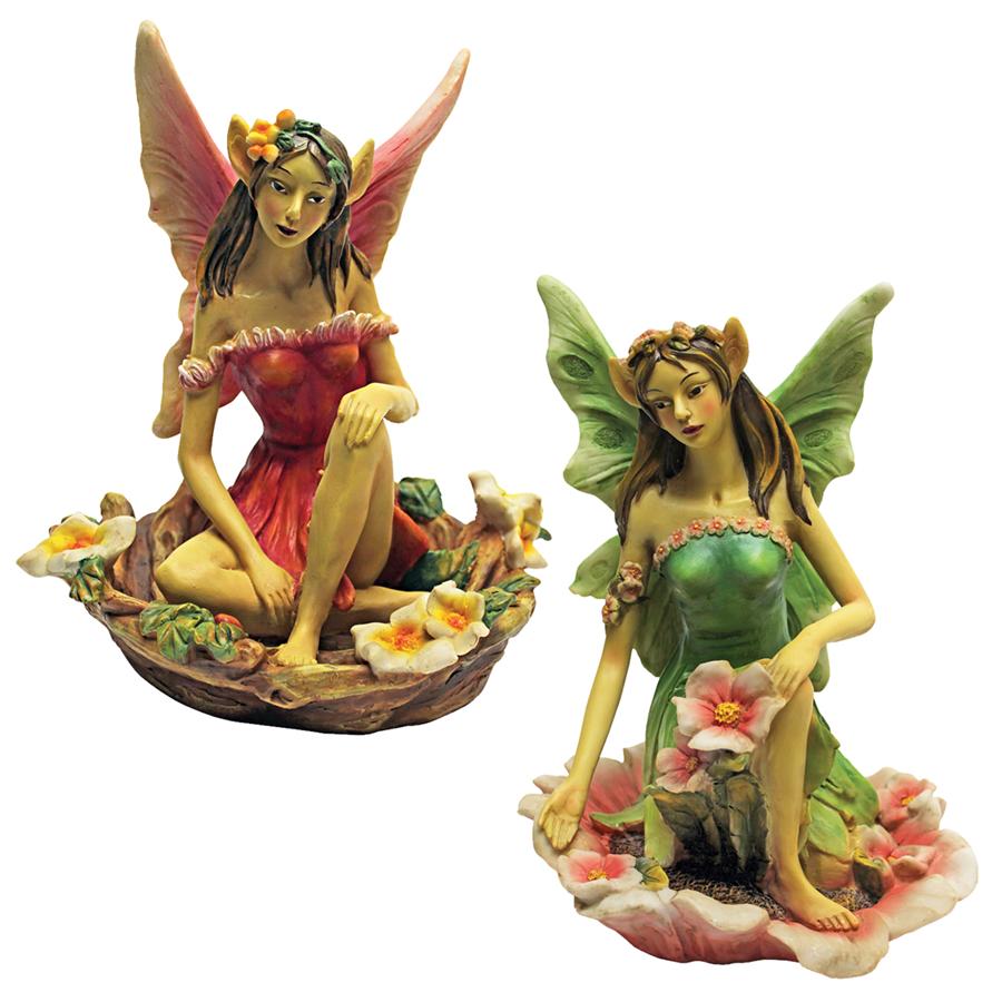 The Red and Green Fairy of Acorn Hollow Statues: Set of Two