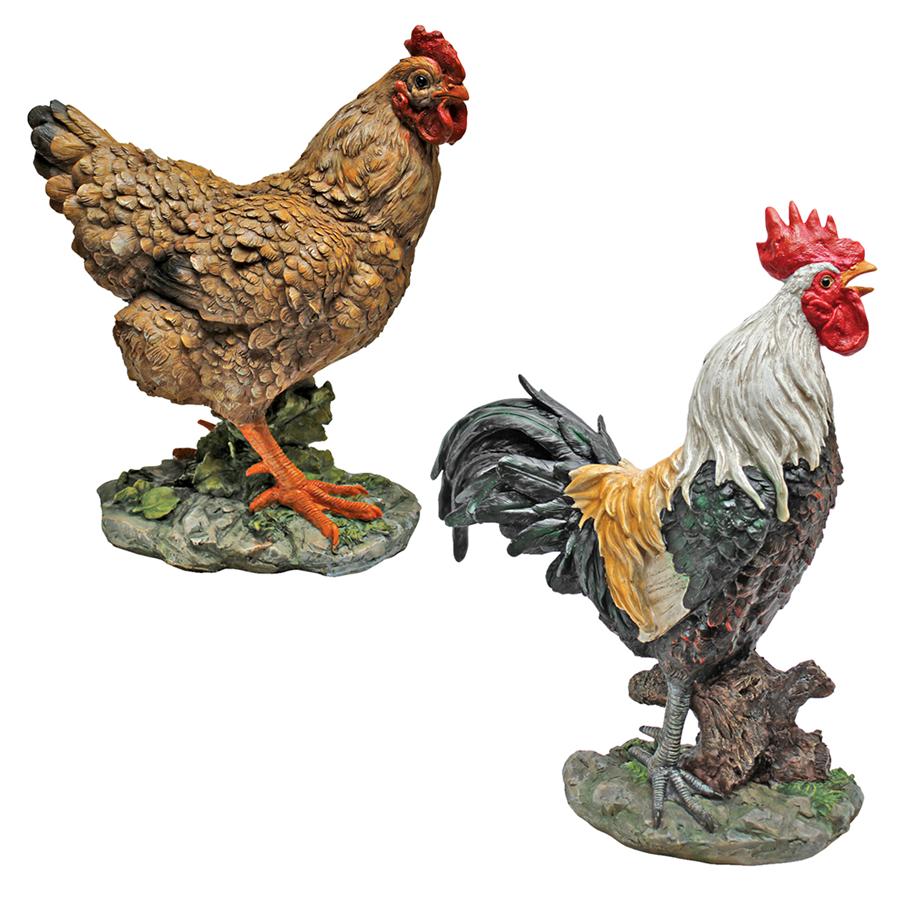 Henrietta the Hen and Cock-A-Doodle-Do Rooster Statues: Set of Two