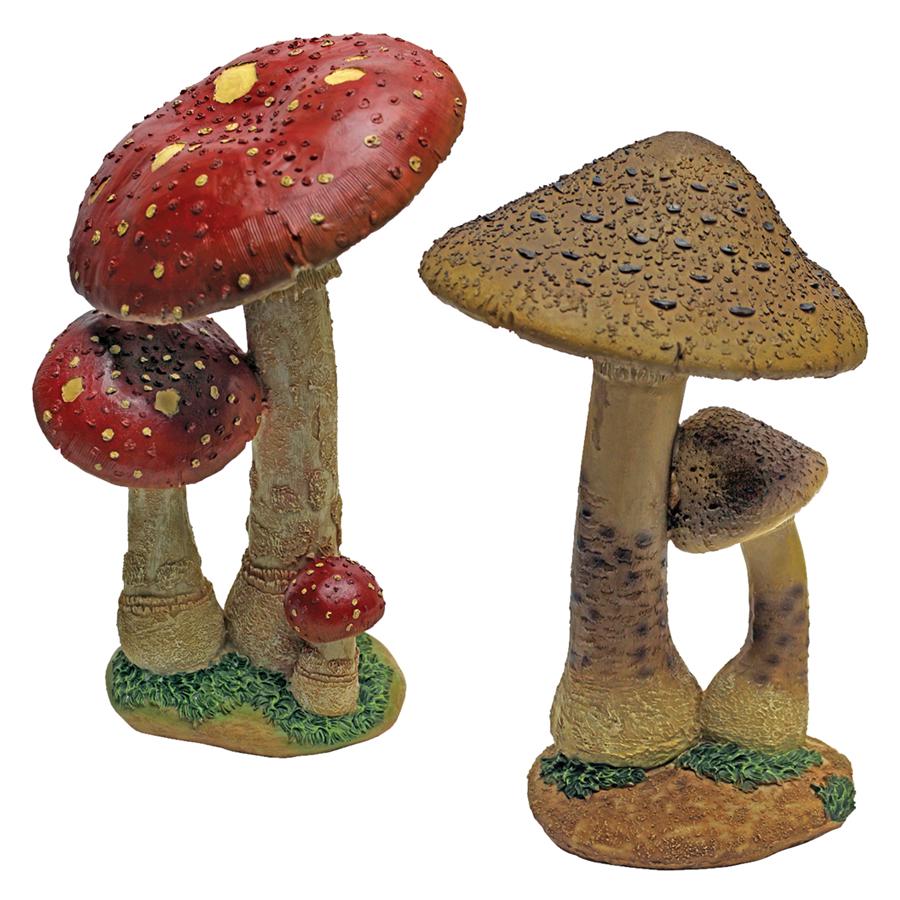 Mystic Forest Red and Tan Mushroom Statue: Set of Two