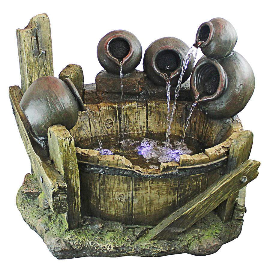 Urns and Barrel Cascading Waterfall Illuminated Garden Fountain